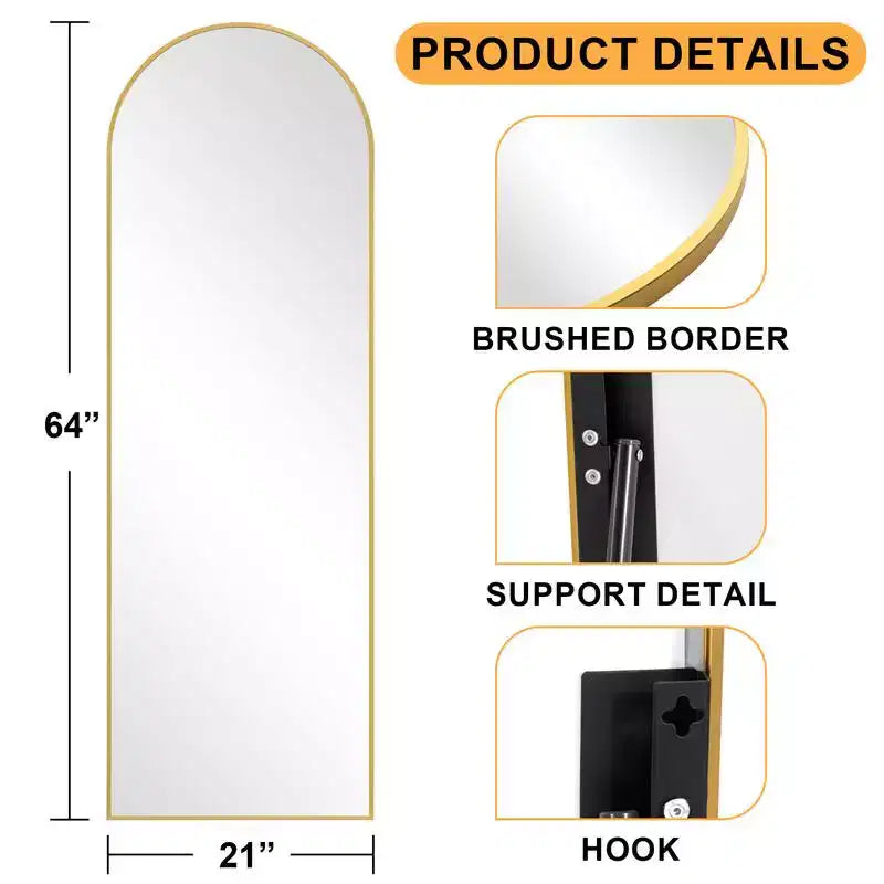 38 in. W. x 71 in. H Full Length Arched Free Standing Body Mirror Metal Framed Wall Mirror Large Floor Mirror in Gold