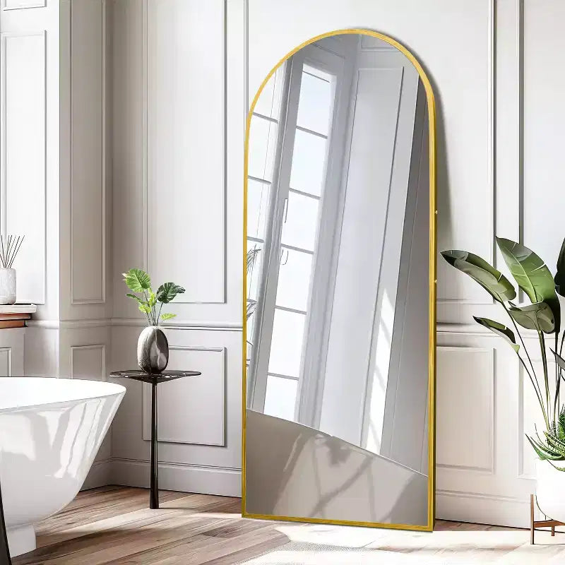 38 in. W. x 71 in. H Full Length Arched Free Standing Body Mirror Metal Framed Wall Mirror Large Floor Mirror in Gold