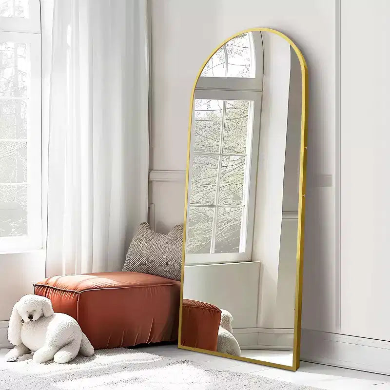 38 in. W. x 71 in. H Full Length Arched Free Standing Body Mirror Metal Framed Wall Mirror Large Floor Mirror in Gold