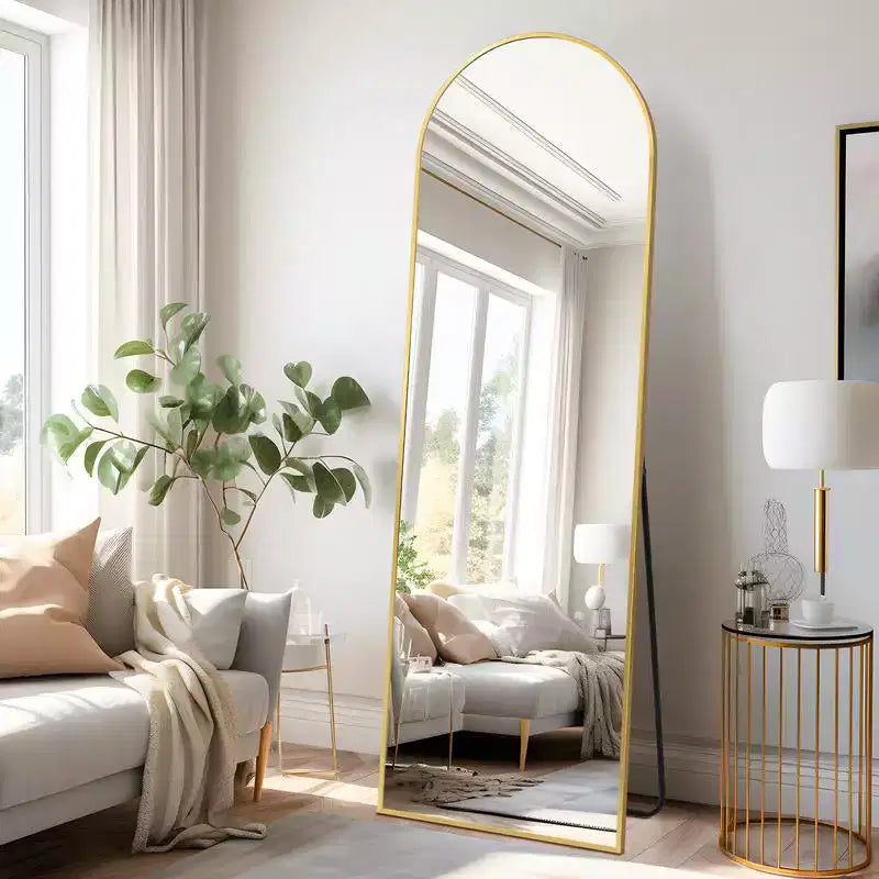 38 in. W. x 71 in. H Full Length Arched Free Standing Body Mirror Metal Framed Wall Mirror Large Floor Mirror in Gold