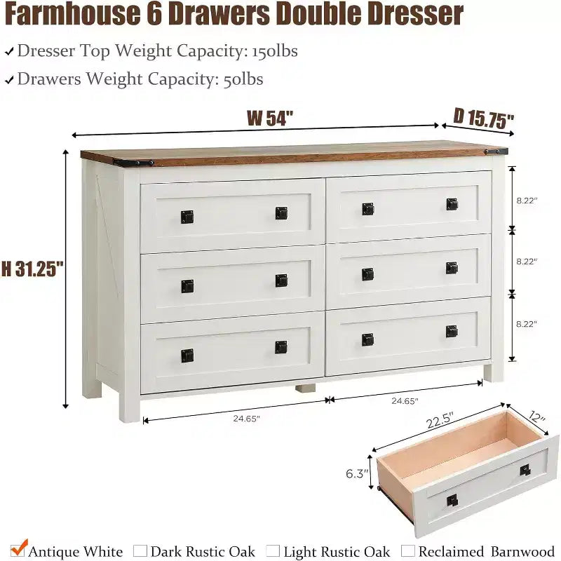 Farmhouse 6-Drawer Dresser, 54" Wide Rustic Chest of Drawers, White