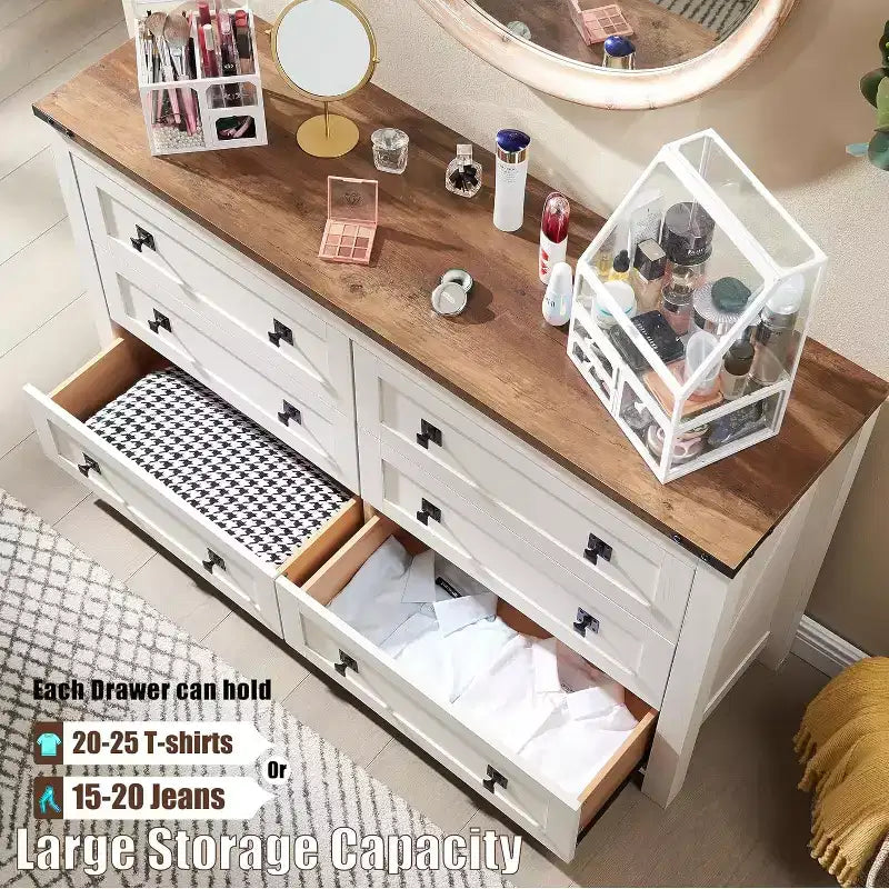 Farmhouse 6-Drawer Dresser, 54" Wide Rustic Chest of Drawers, White