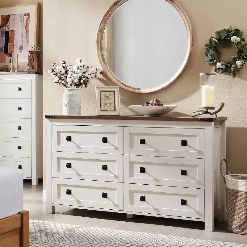 Farmhouse 6-Drawer Dresser, 54" Wide Rustic Chest of Drawers, White