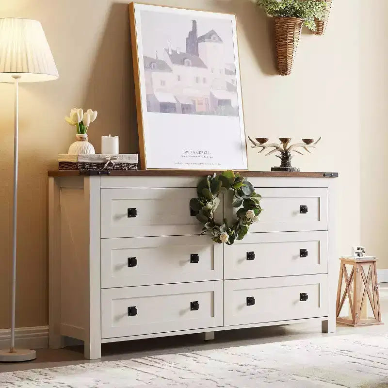 Farmhouse 6-Drawer Dresser, 54" Wide Rustic Chest of Drawers, White