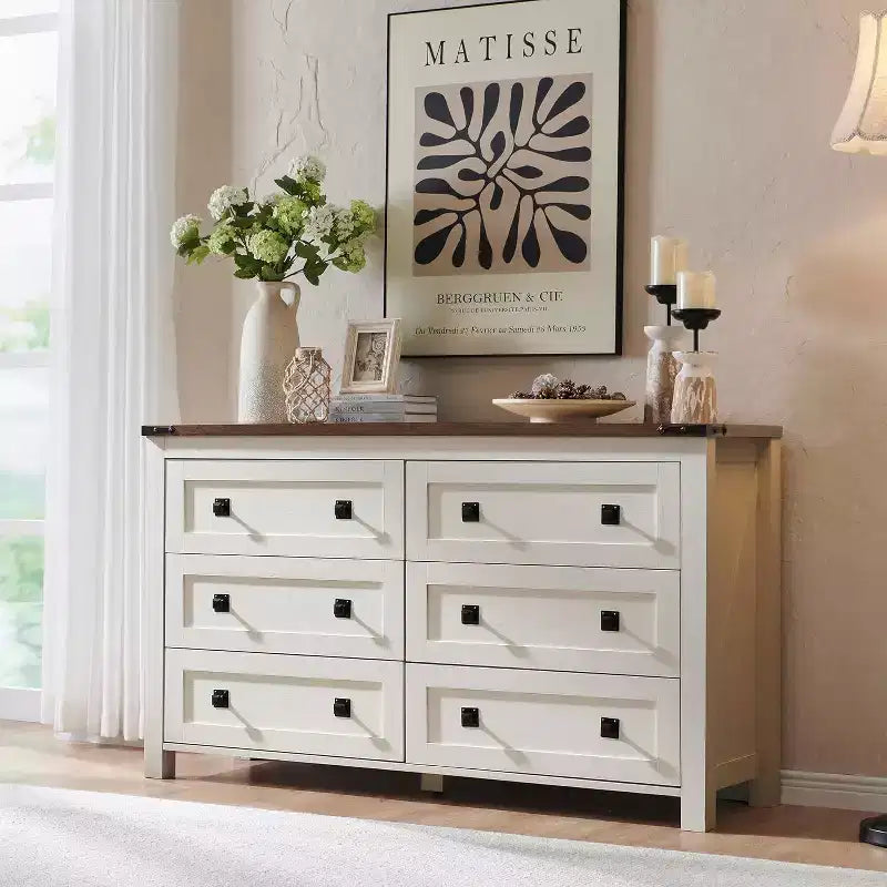 Farmhouse 6-Drawer Dresser, 54" Wide Rustic Chest of Drawers, White