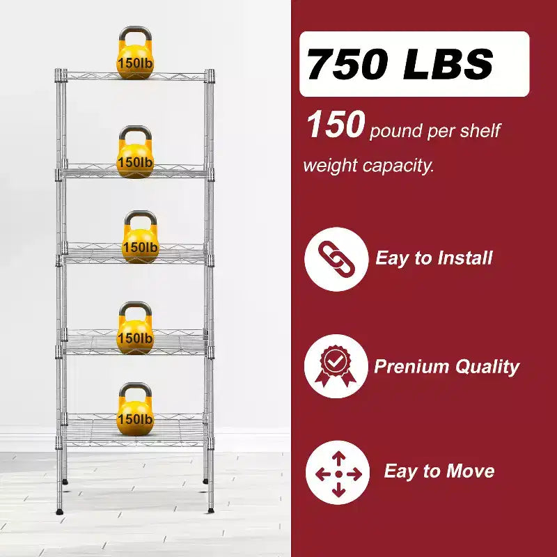 5-Tier Wire Shelving Unit with Adjustable Shelves, Metal, Multi-Use