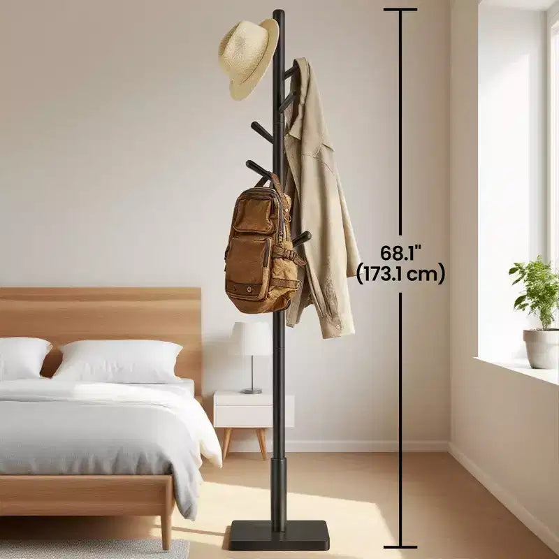 Freestanding Coat Rack with 8 Hooks and 3 Height Settings, Rubberwood