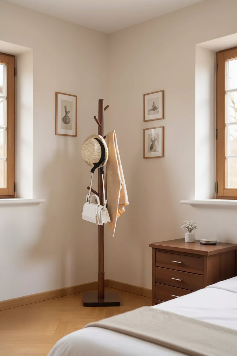 Freestanding Coat Rack with 8 Hooks and 3 Height Settings, Rubberwood