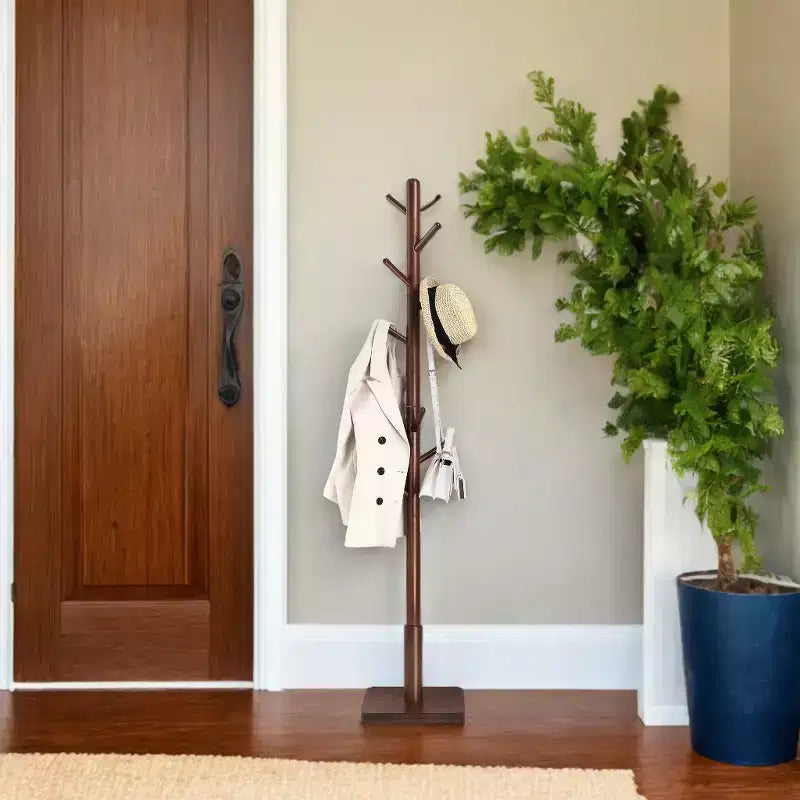 Freestanding Coat Rack with 8 Hooks and 3 Height Settings, Rubberwood