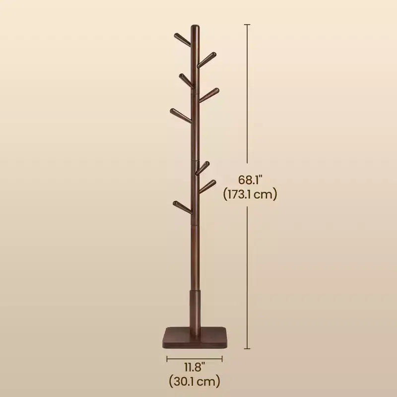 Freestanding Coat Rack with 8 Hooks and 3 Height Settings, Rubberwood