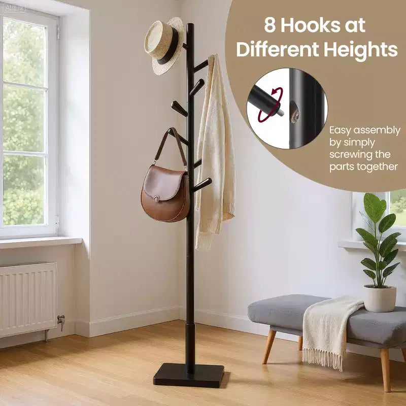Freestanding Coat Rack with 8 Hooks and 3 Height Settings, Rubberwood