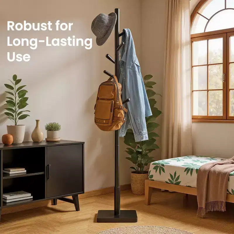 Freestanding Coat Rack with 8 Hooks and 3 Height Settings, Rubberwood
