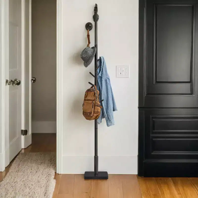 Freestanding Coat Rack with 8 Hooks and 3 Height Settings, Rubberwood
