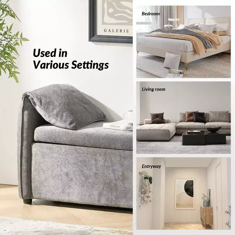Storage Bench with Elephant Ear Pillows, 61" Wide, 400 lbs Capacity
