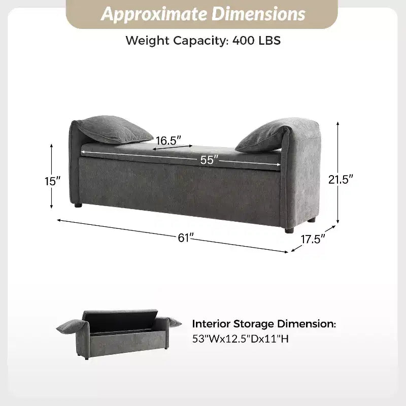 Storage Bench with Elephant Ear Pillows, 61" Wide, 400 lbs Capacity