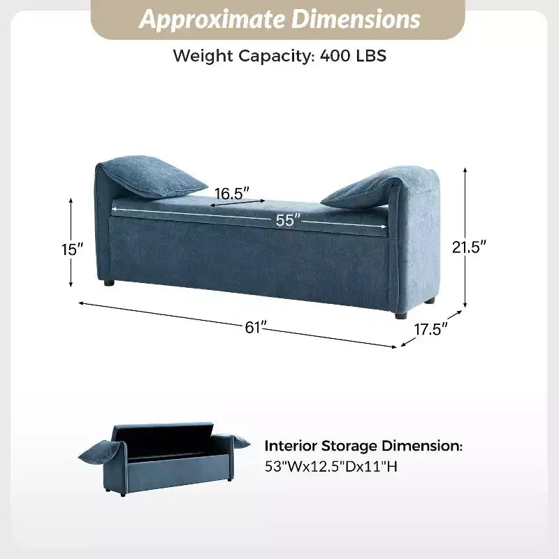 Storage Bench with Elephant Ear Pillows, 61" Wide, 400 lbs Capacity