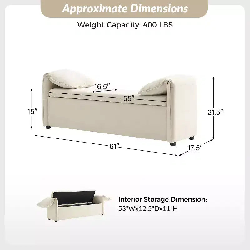 Storage Bench with Elephant Ear Pillows, 61" Wide, 400 lbs Capacity