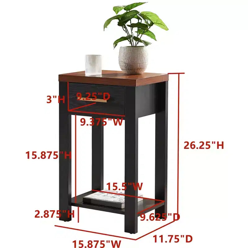 Wooden Chairside End Table with Drawer and Open Storage Shelf, Black/Walnut