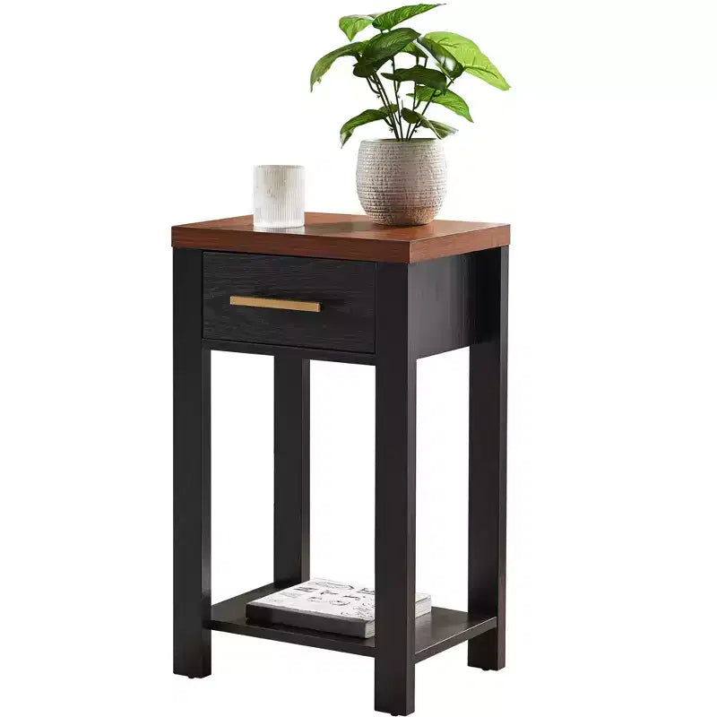 Wooden Chairside End Table with Drawer and Open Storage Shelf, Black/Walnut