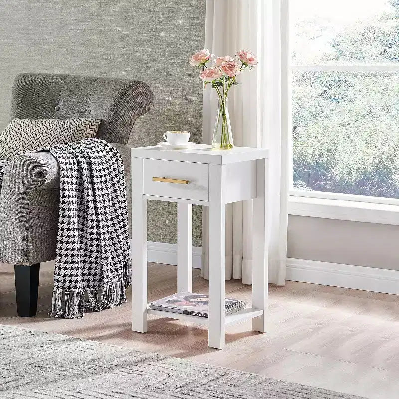 Wooden Chairside End Table with Drawer and Open Storage Shelf, Black/Walnut