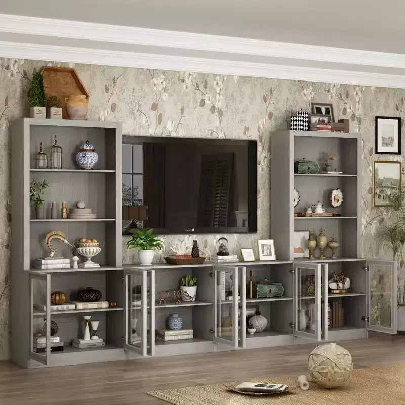 Gray Modular TV Console Entertainment Center with Tempered Glass Doors, 126"W