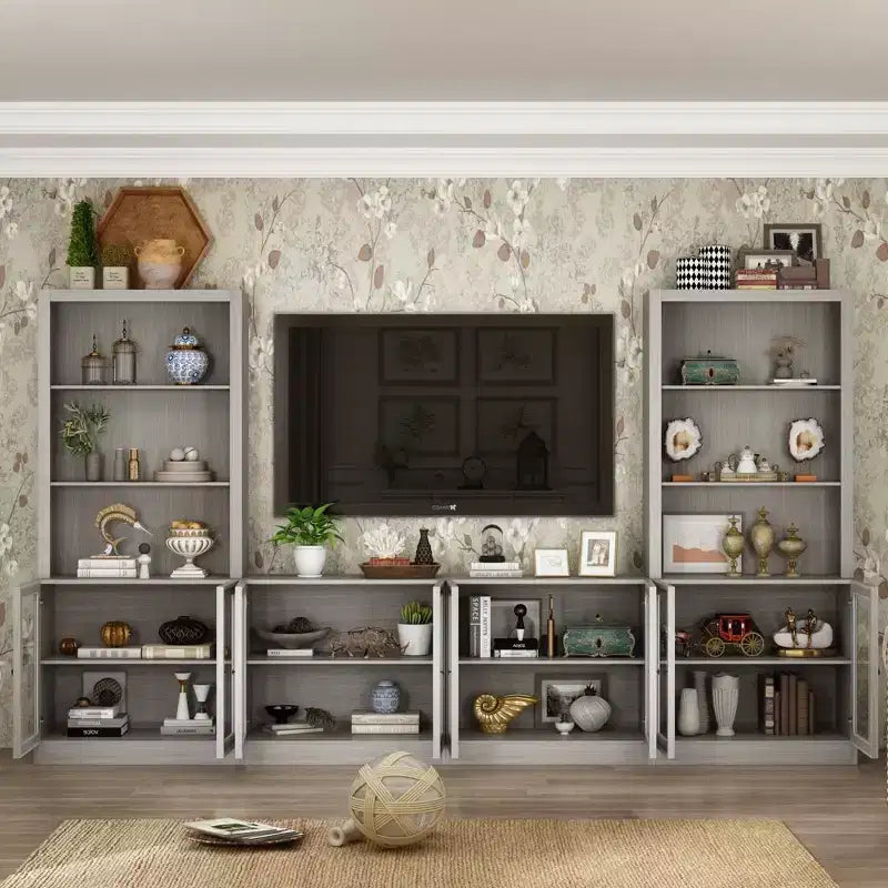 Gray Modular TV Console Entertainment Center with Tempered Glass Doors, 126"W