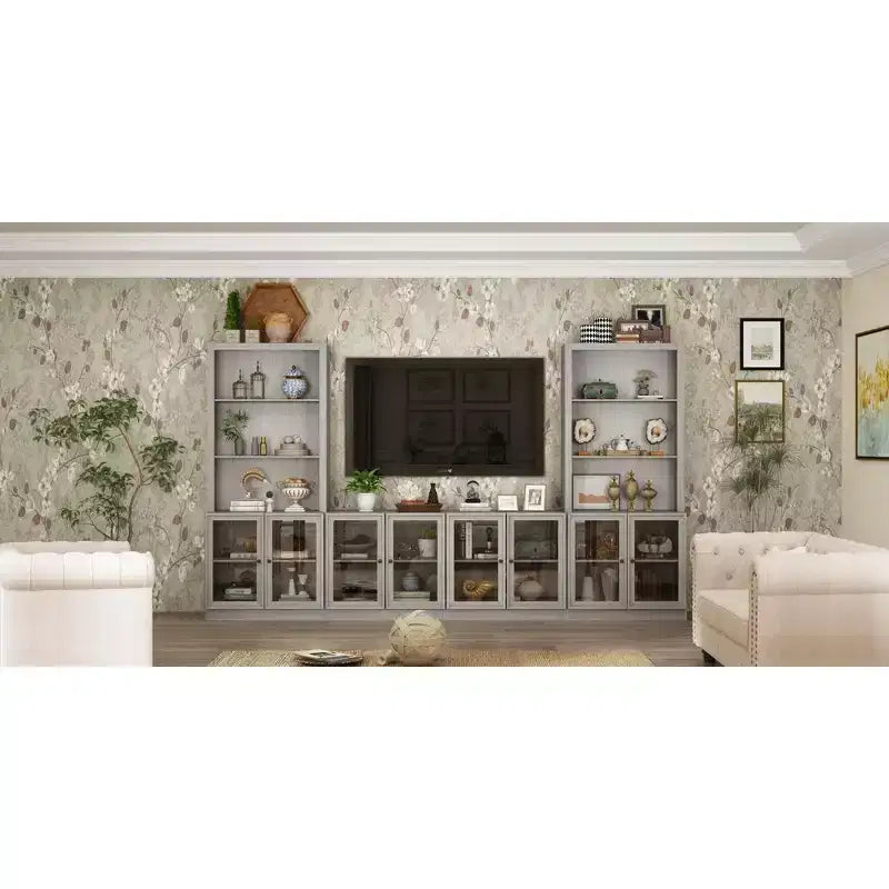 Gray Modular TV Console Entertainment Center with Tempered Glass Doors, 126"W