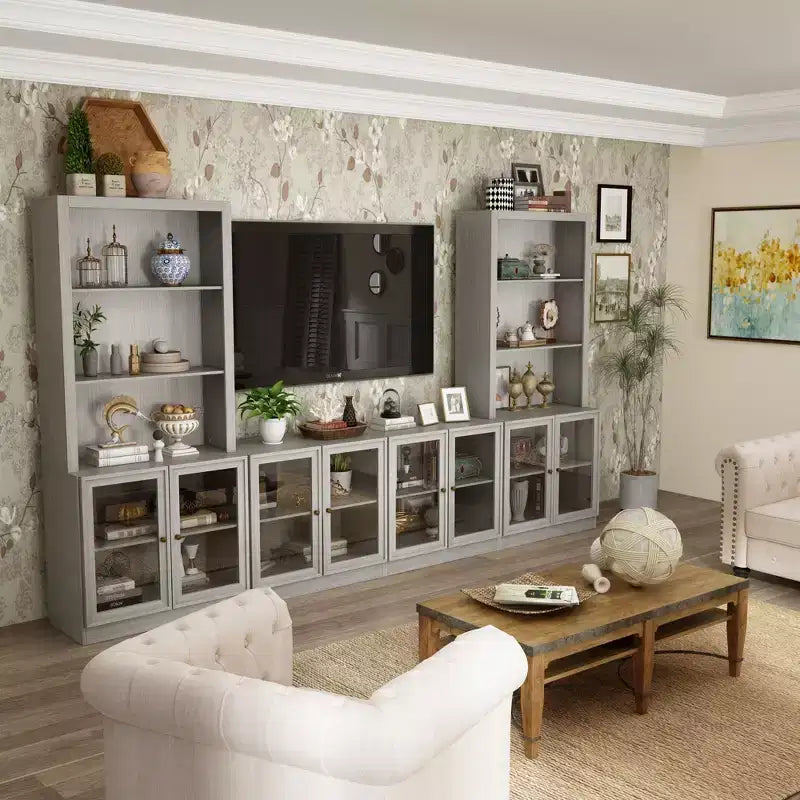 Gray Modular TV Console Entertainment Center with Tempered Glass Doors, 126"W