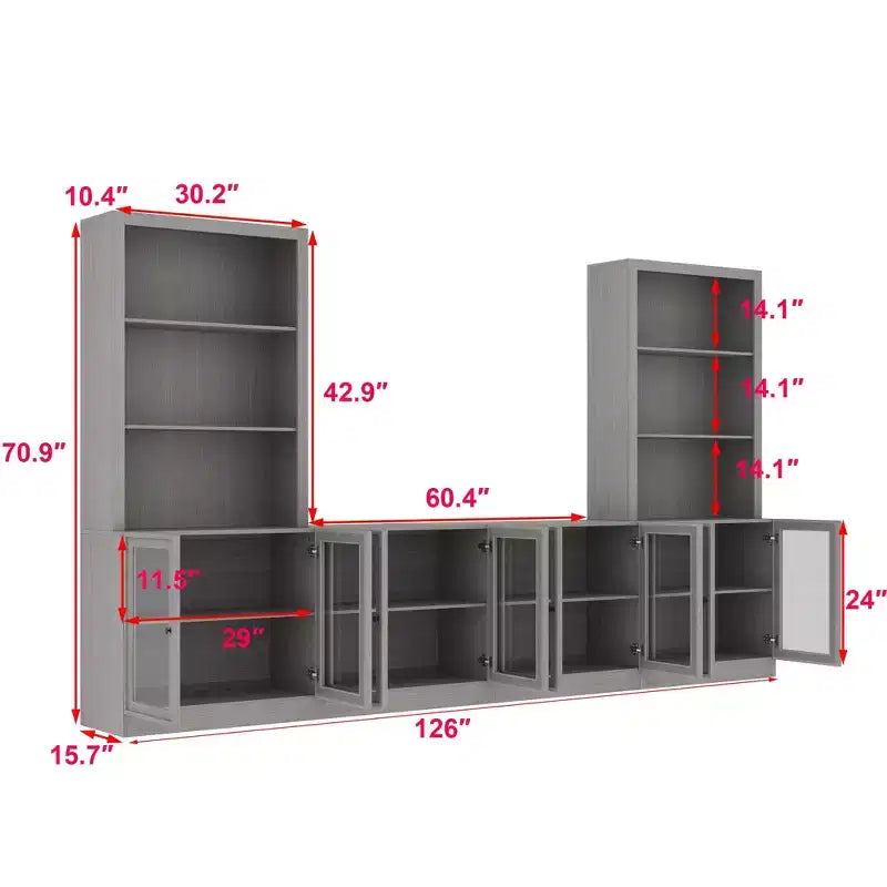 Gray Modular TV Console Entertainment Center with Tempered Glass Doors, 126"W