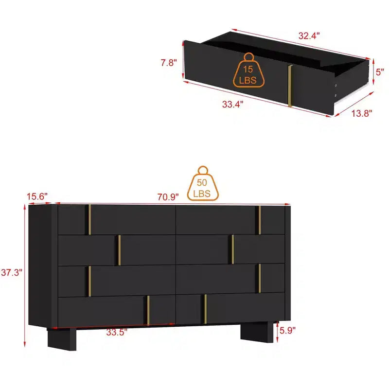 8-Drawer Horizontal Dresser, Black Finish with Gold Knobs