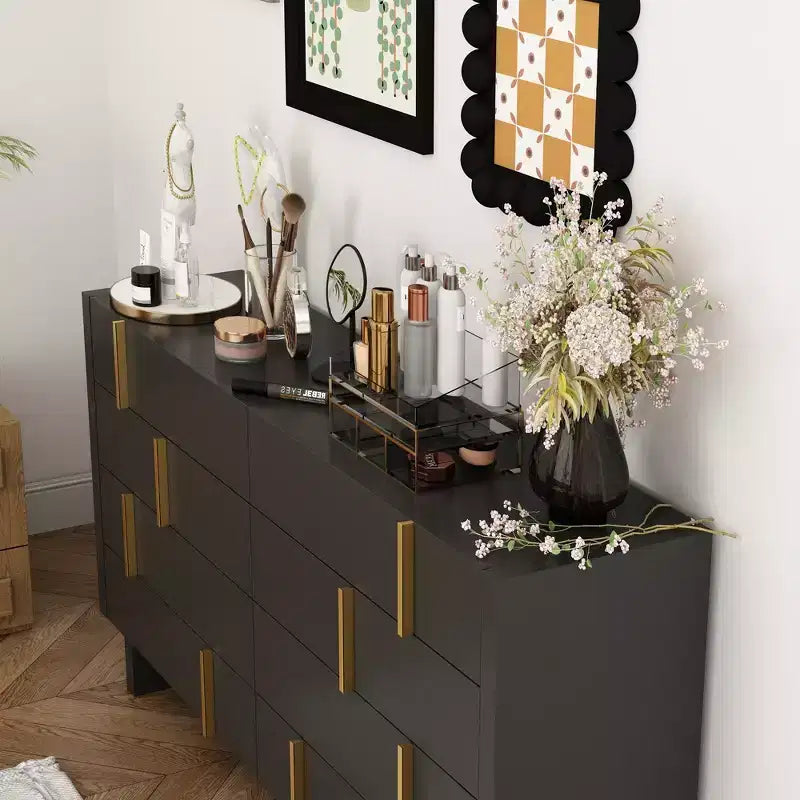 8-Drawer Horizontal Dresser, Black Finish with Gold Knobs