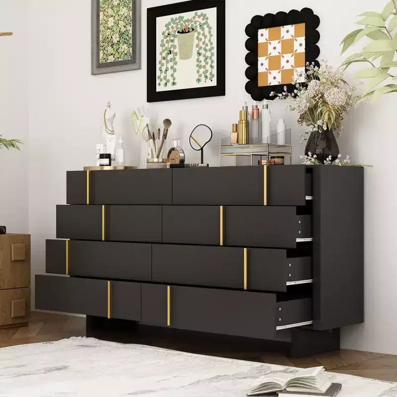 8-Drawer Horizontal Dresser, Black Finish with Gold Knobs