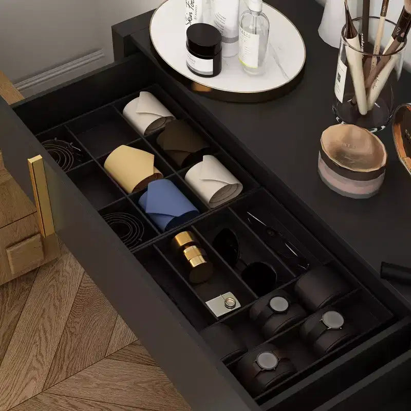 8-Drawer Horizontal Dresser, Black Finish with Gold Knobs