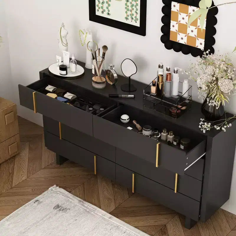8-Drawer Horizontal Dresser, Black Finish with Gold Knobs