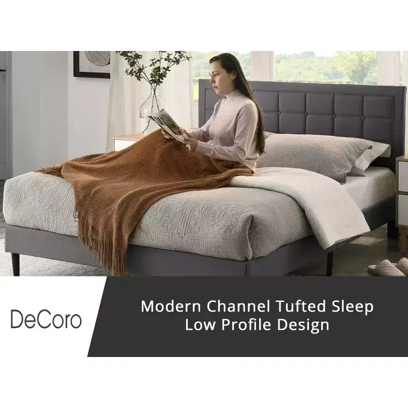 Upholstered Platform Full Size Bed Frame with Button-Tufted Headboard, Dark Grey