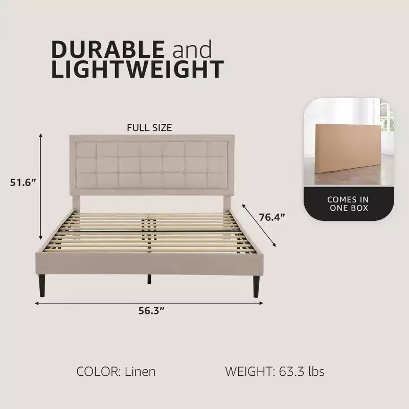 Upholstered Platform Full Size Bed Frame with Button-Tufted Headboard, Dark Grey