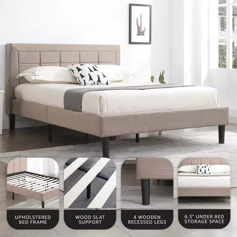 Upholstered Platform Full Size Bed Frame with Button-Tufted Headboard, Dark Grey