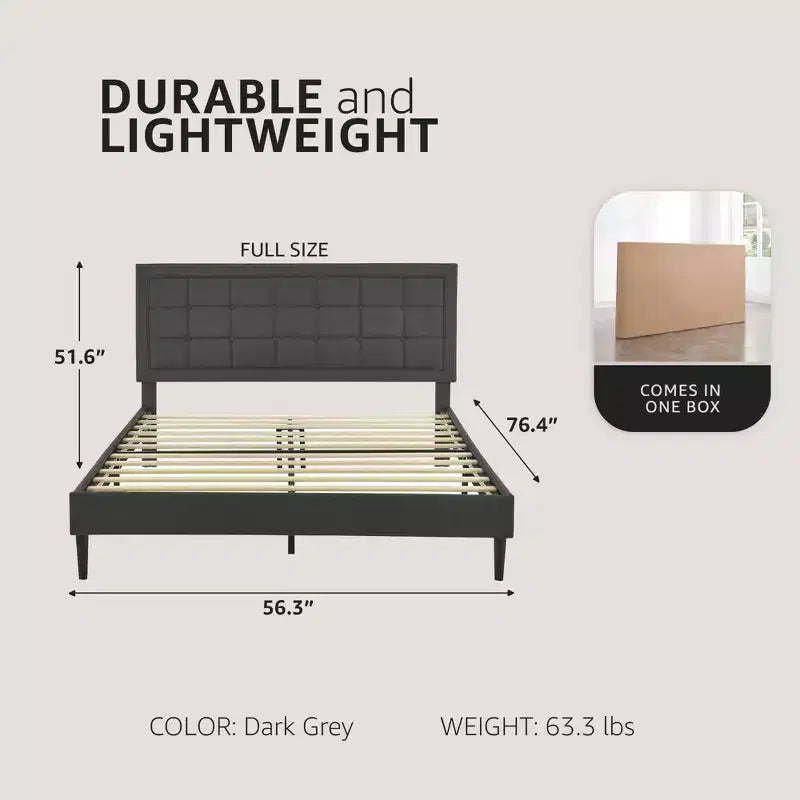 Upholstered Platform Full Size Bed Frame with Button-Tufted Headboard, Dark Grey