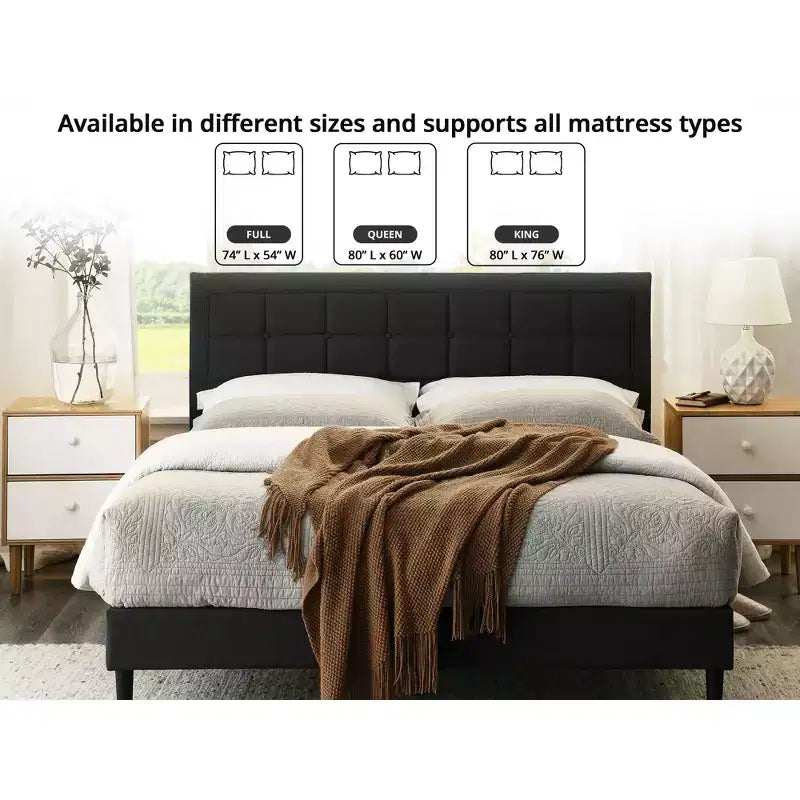 Upholstered Platform Full Size Bed Frame with Button-Tufted Headboard, Dark Grey