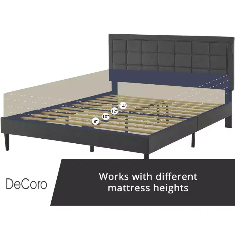 Upholstered Platform Full Size Bed Frame with Button-Tufted Headboard, Dark Grey