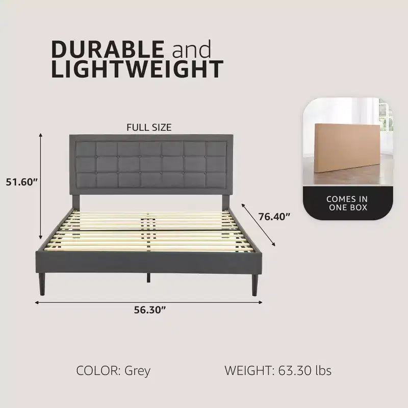 Upholstered Platform Full Size Bed Frame with Button-Tufted Headboard, Dark Grey