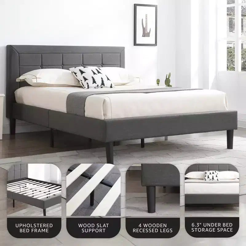 Upholstered Platform Full Size Bed Frame with Button-Tufted Headboard, Dark Grey