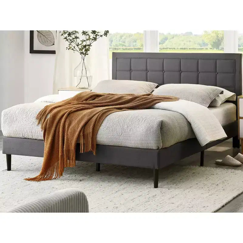 Upholstered Platform Full Size Bed Frame with Button-Tufted Headboard, Dark Grey