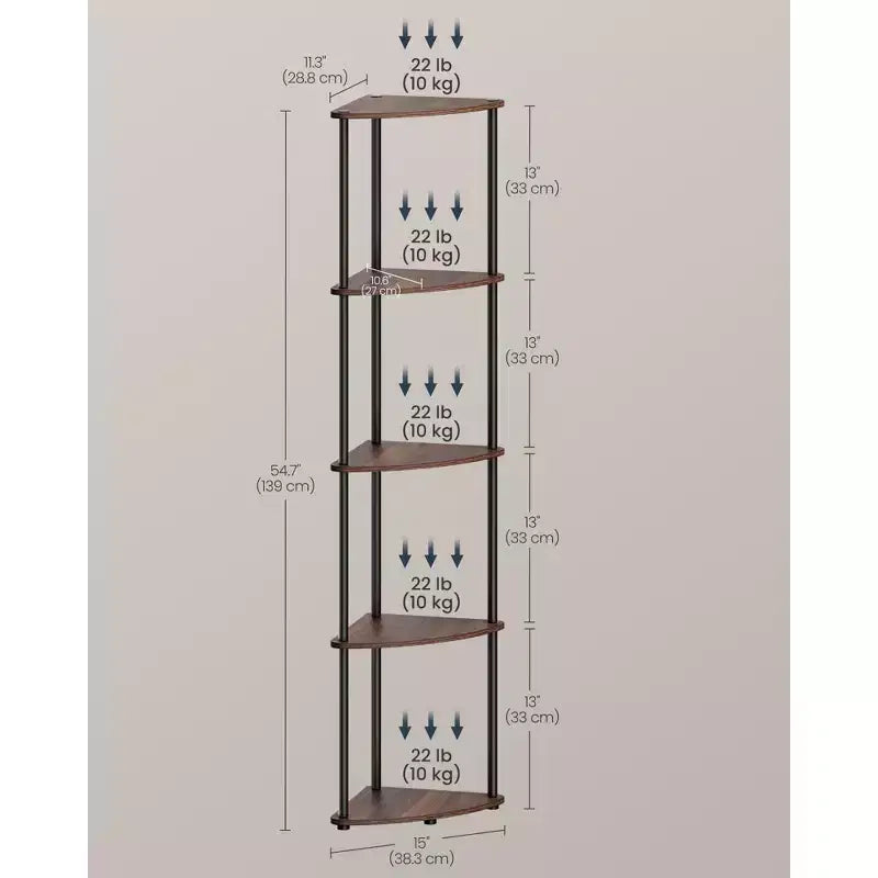 5-Tier Corner Standing Shelf, Toolless Assembly, 15x10.6x54.7"