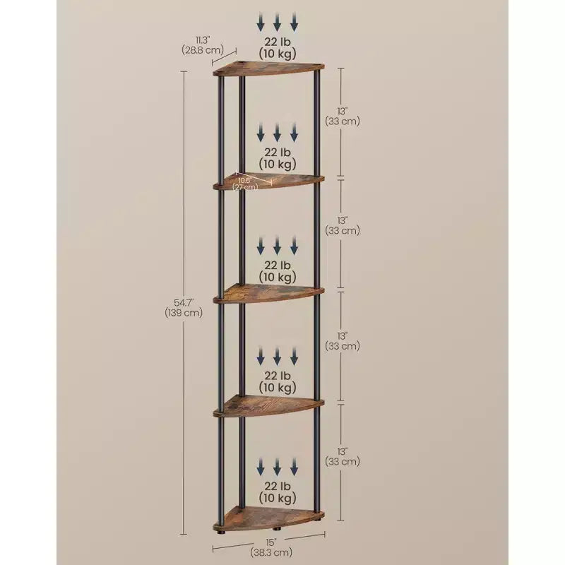 5-Tier Corner Standing Shelf, Toolless Assembly, 15x10.6x54.7"