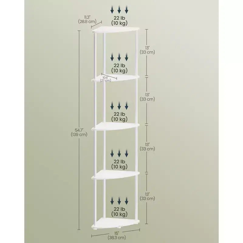 5-Tier Corner Standing Shelf, Toolless Assembly, 15x10.6x54.7"