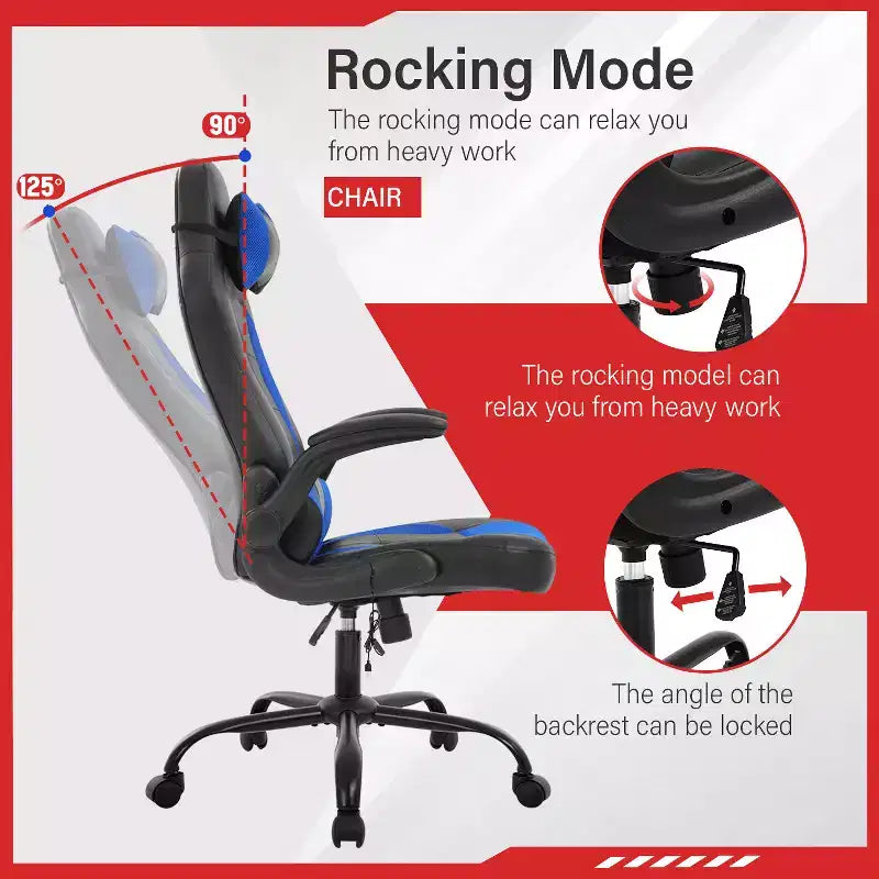 Gaming Office Chair with Lumbar Support, PU Leather, Adjustable Height & Arms