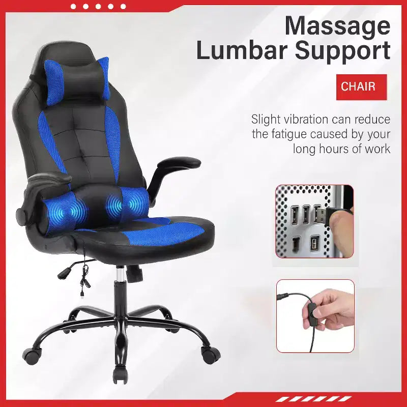 Gaming Office Chair with Lumbar Support, PU Leather, Adjustable Height & Arms