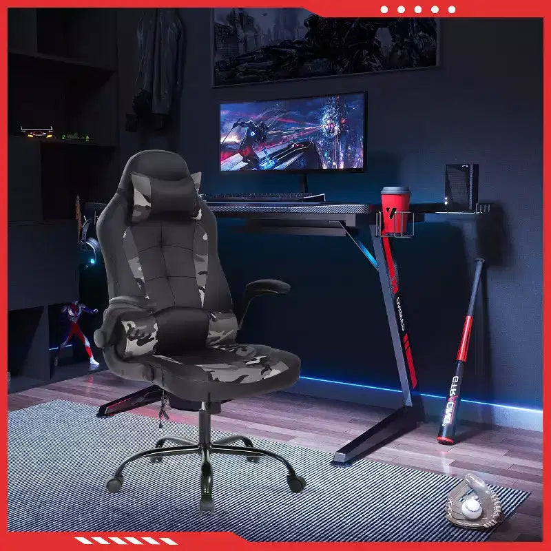 Gaming Office Chair with Lumbar Support, PU Leather, Adjustable Height & Arms