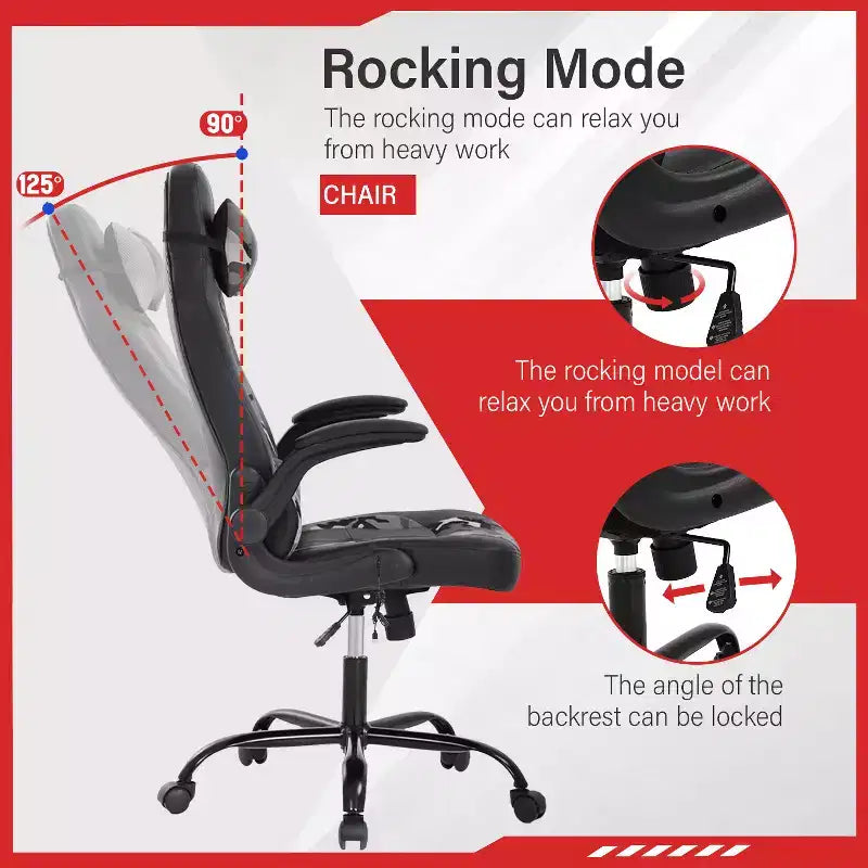 Gaming Office Chair with Lumbar Support, PU Leather, Adjustable Height & Arms